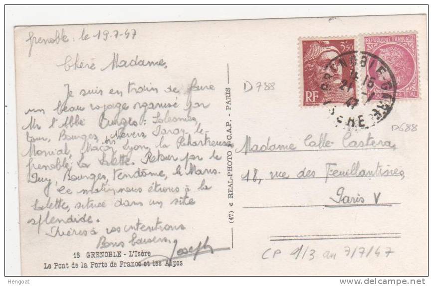 Affranchissement à 5 F  , Gandon  , Mazelin / Carte De Grenoble Gare Du  21/7/47 , 2 Scans - Lettres & Documents