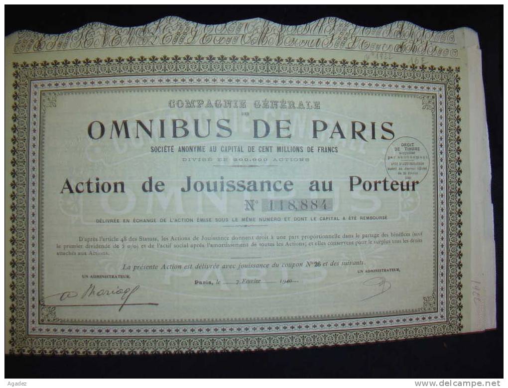 Action " Omnibus De Paris " Paris 1910 Excellent état Reste Des Coupons - Bahnwesen & Tramways