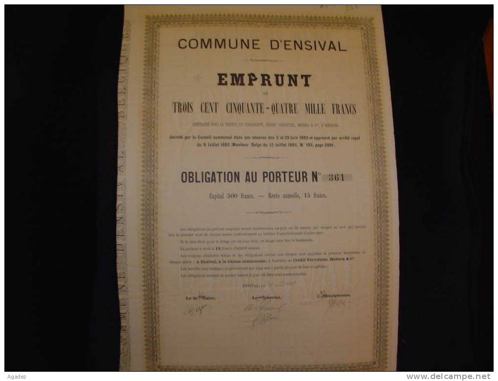 Obligation Emprunt " Commune D'Ensival " ( Verviers ) 1885 Bon état,reste Des Coupons. - Bank & Versicherung