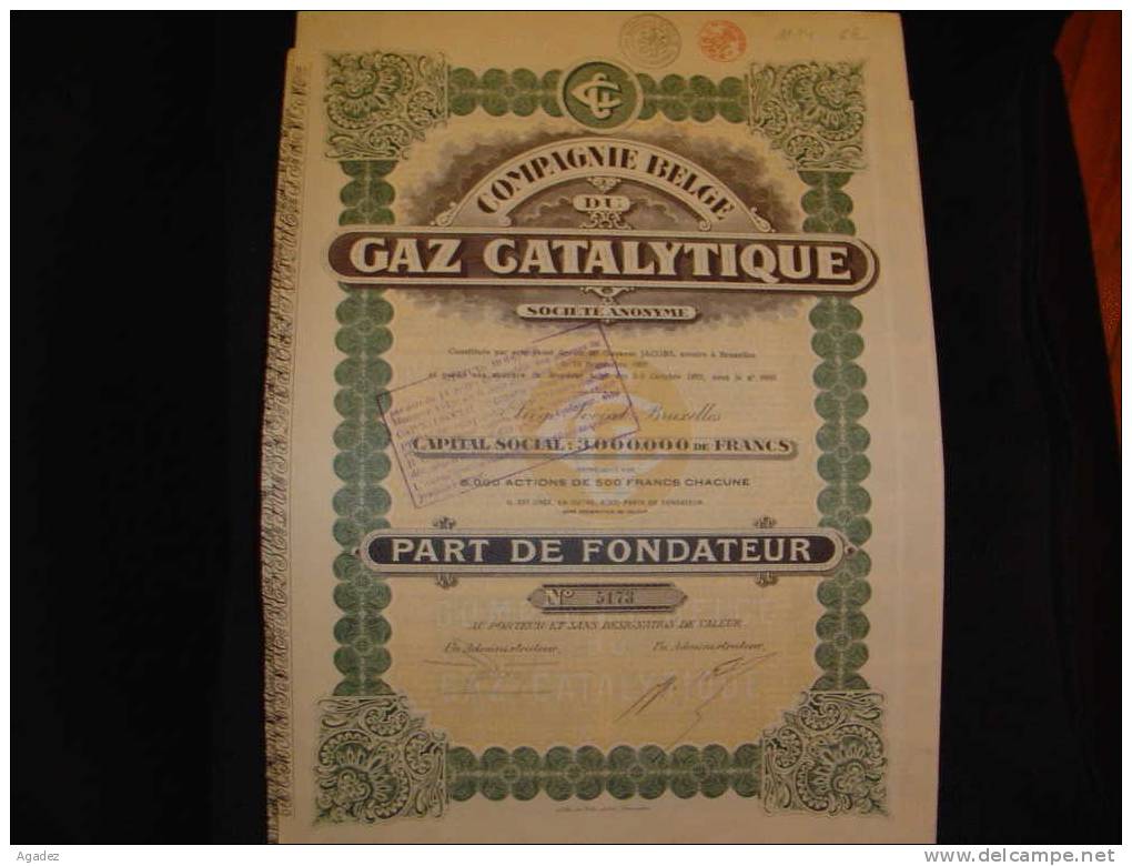 Part Fondateur"Cie Belge Du Gaz Catalytique"Bruxelles 1922 Bon état,reste Tous Les Coupons - Electricité & Gaz