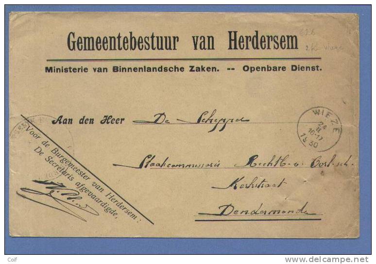 Brief " GEMEENTEBESTUUR VAN HERDERSEN"(Administration Communale) Met Stempel WIEZE - Franchise