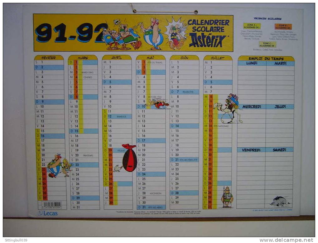 ASTERIX. CALENDRIER SCOLAIRE. CALENDRIER DE BUREAU. Année 1991/92. 1991 ED ALBERT RENE/GOSCINNY-UDERZO. - Agendas