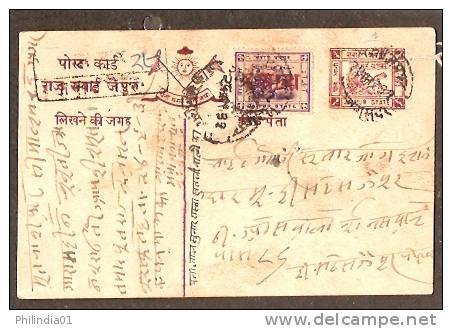 India - Jaipur State 1931 ¼As Post Card  + 3As O/p On 8As Chariot Stamp REGISTERED USED With Acknowledgemet - Jaipur