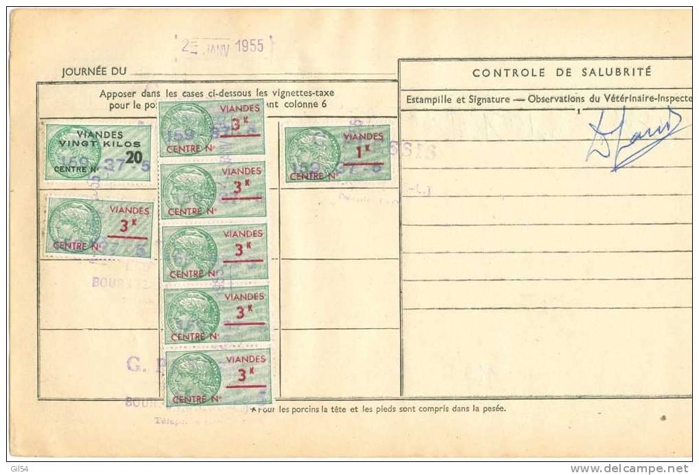 Fiscaux / Bordereau D´abattoir Du 25/01/1955,, 20 K X 1 , 3 K X 6 , 1k X 1 ,  Fib15 - Sonstige & Ohne Zuordnung