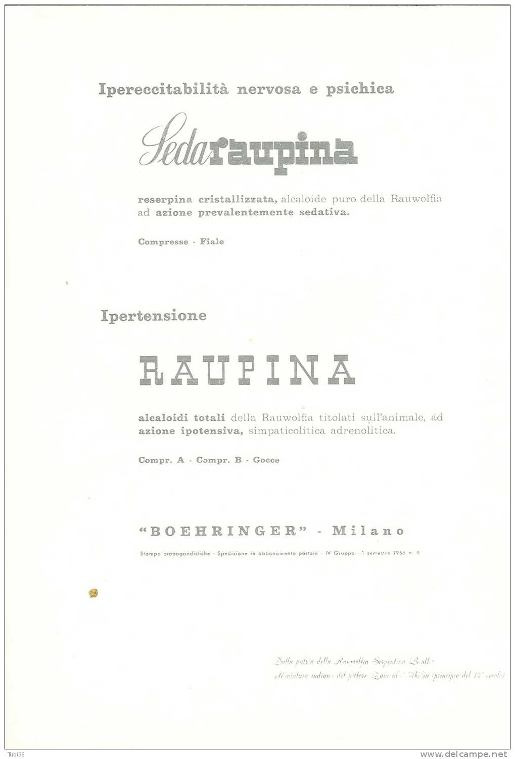 BOEHRINGER - MILANO - STAMPA PROPAGANDISTICA -  1956 - - Publicidad