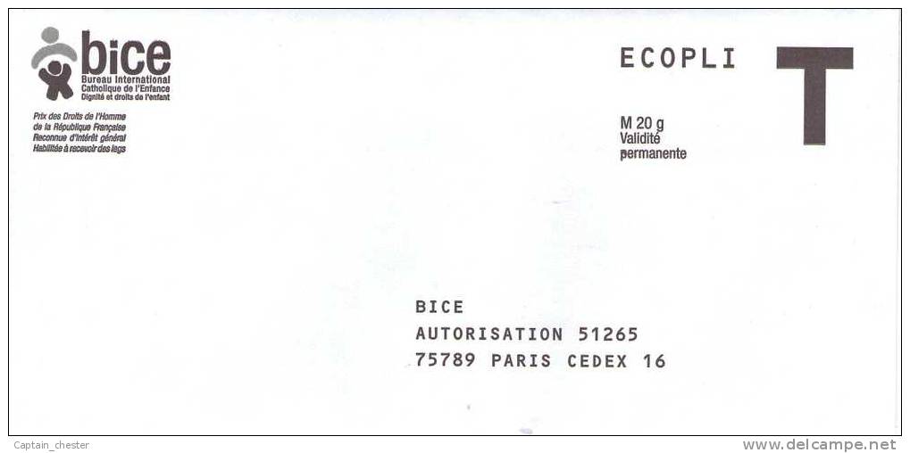 Enveloppe Reponse T " BICE - Bureau International Catholique De L'Enfance " - Cartes/Enveloppes Réponse T