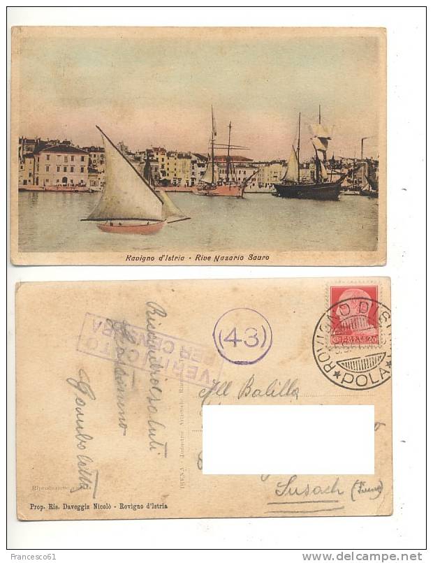 Croazia Istria ROVIGNO D'ISTRIA Pola Riva 1941 Annullo - Croatia