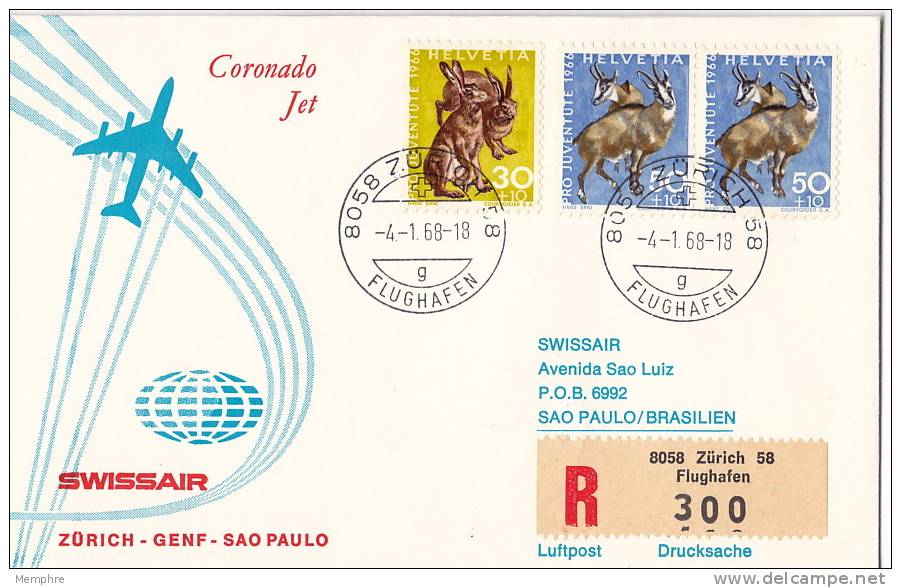 Pro Juventute 1966  Sur Lettre Recommandée  Premier Vol ZÜrich - Genève - Sao Paulo Par Swissair - Briefe U. Dokumente