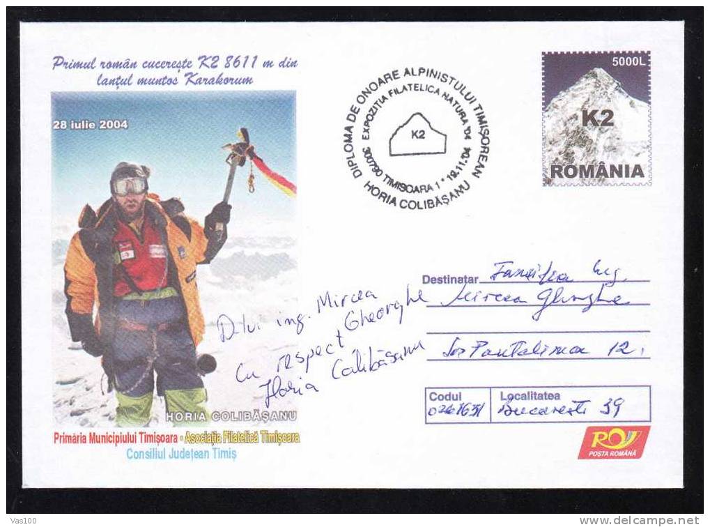 Entier Postal Stationery 151/2004,Climber,mountaineer,Karakorum,SIGNATURE H.Colibasanu,obliteration Concordante RRR. - Escalade