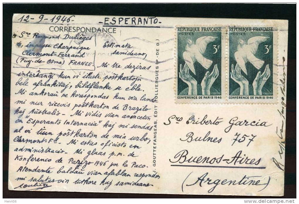 =*= Rare: Paire 761 Sur Carte Postale En Espéranto Tarif Clermont-Ferrand>>>>Argentine 1946 =*= - Covers & Documents