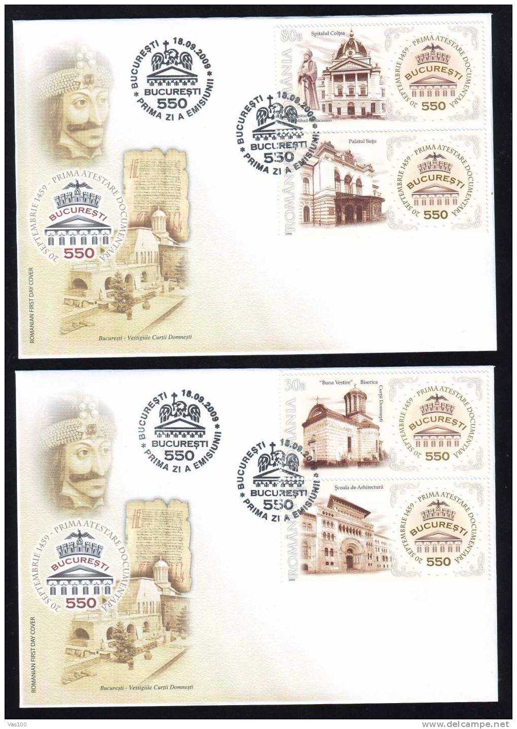 ROMANIA 2009 New Bucharest - 550 Years - Dracula Vlad Tepes ,2 Covers FDC. - FDC