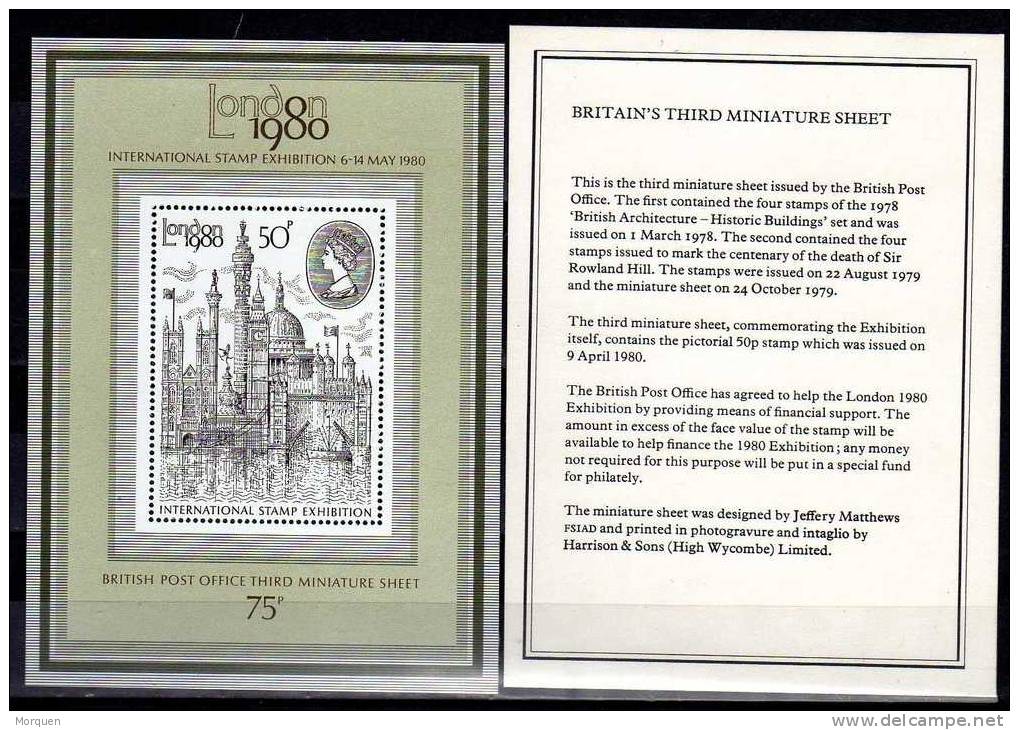 Lupa 836 . Gran Bretaña, Año 1980. Hojita LONDON 80 Stamp Exhibition ** - Nuevos