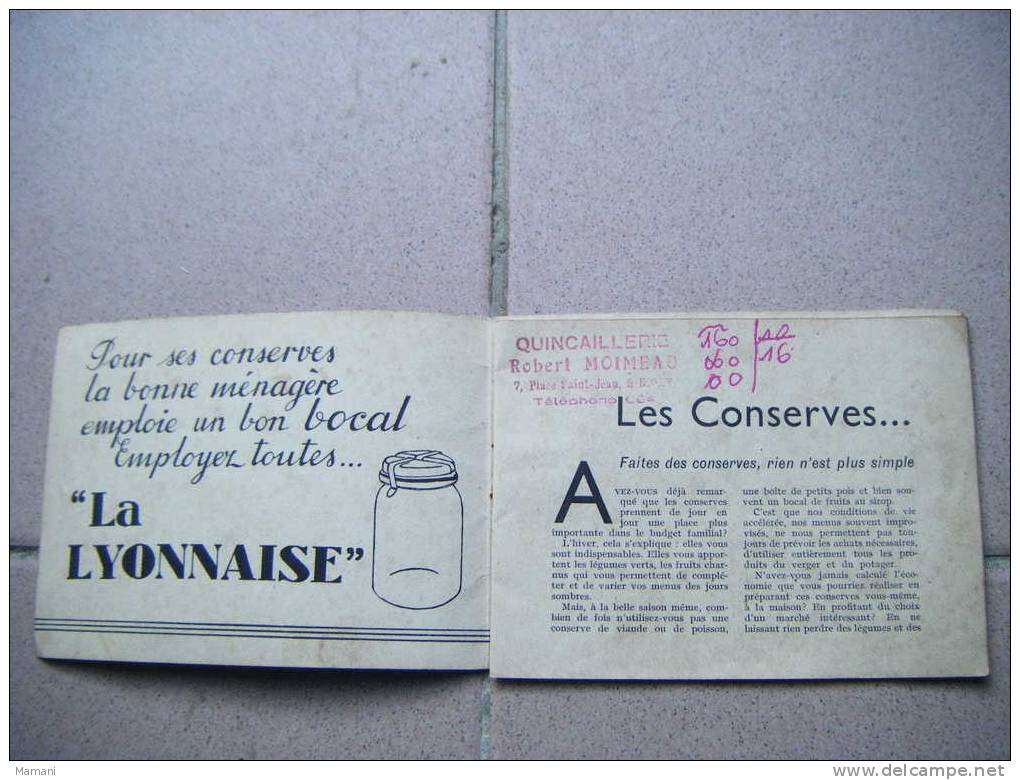 Livret De Recettes Pour Vos Conserves-pub La Lyonnaise-cachet Quincaillerie Moimeau A Niort-- - Advertising