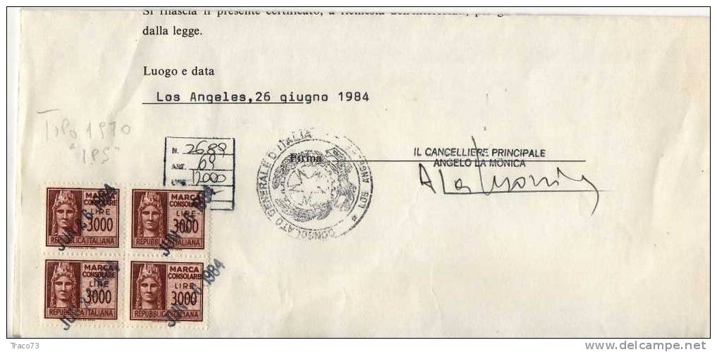 1970 - MARCHE CONSOLARI - Lire 3.000  "I.P.S."     ( Su Documento Integro ) - Fiscales