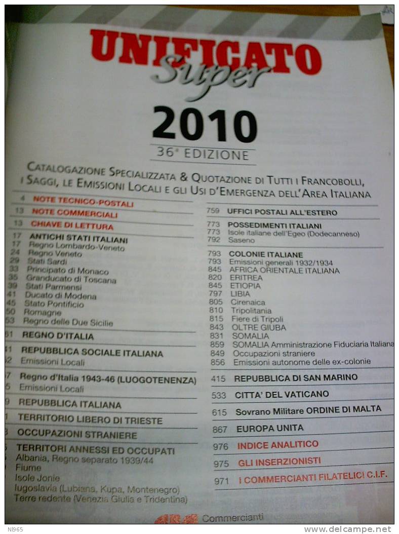 CATALOGO UNIFICATO SUPER - FRANCOBOLLI AREA ITALIANA  ANNO 2010 - Italy