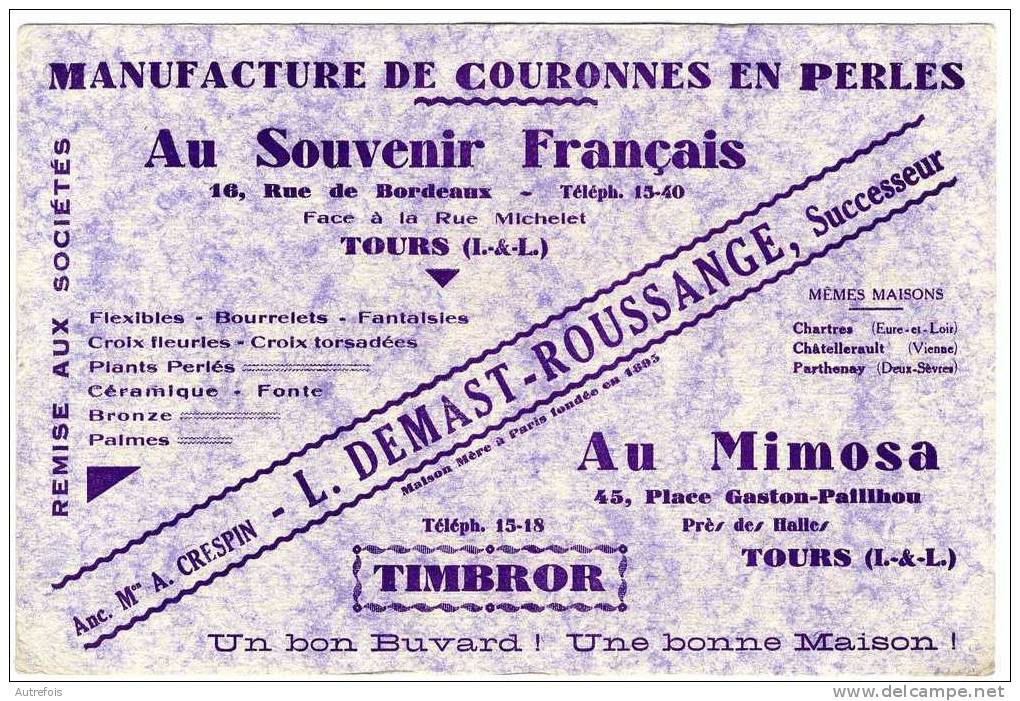 AU SOUVENIR FRANCAIS  -  MANUFACTURE DE COURONNES EN PERLES  -  TOURS  -   BUVARD PUBLICITAIRE - M