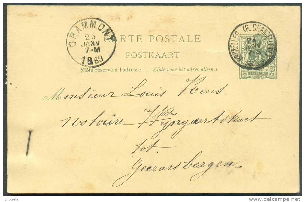 EP Carte 5 Cent. Vert, Obl. Sc BRUXELLES (Rue CHARTREUX) 24 Janvier 1889 Vers Grammont + (verso) Etiquette De Déclaratio - Cartes Postales 1871-1909