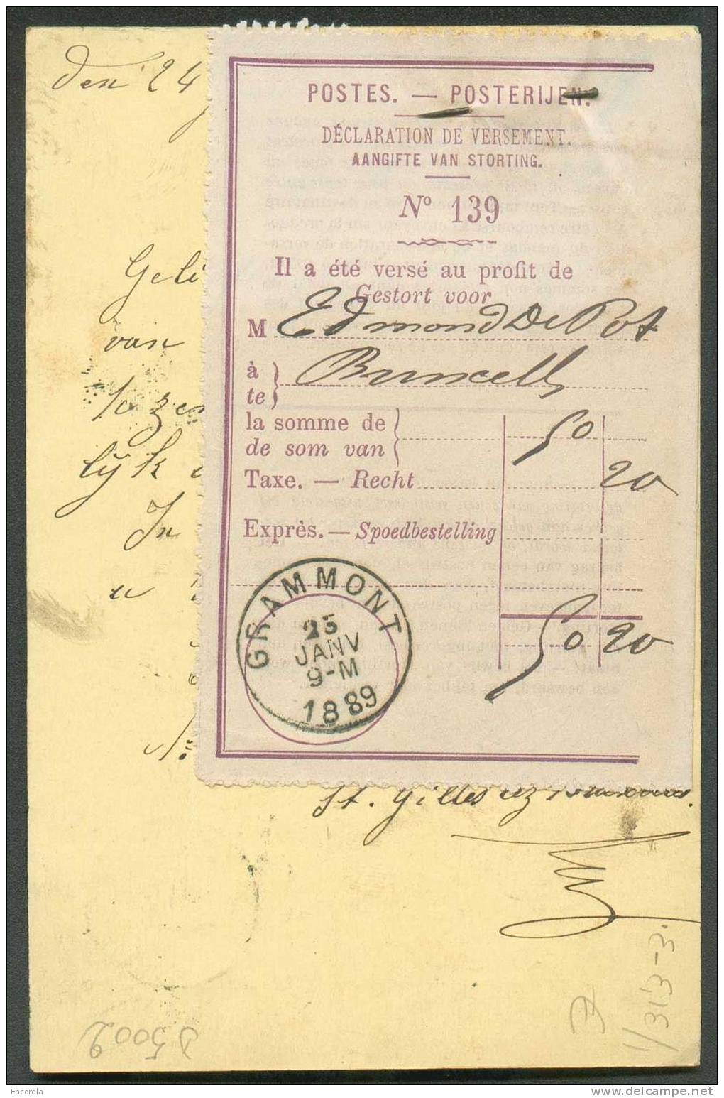 EP Carte 5 Cent. Vert, Obl. Sc BRUXELLES (Rue CHARTREUX) 24 Janvier 1889 Vers Grammont + (verso) Etiquette De Déclaratio - Tarjetas 1871-1909