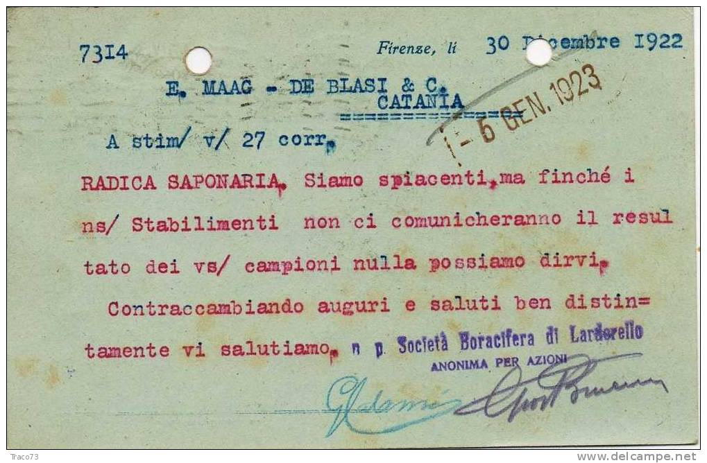 FIRENZE 30.12.1922 - Card Cartolina " Società Boracifera Di Lardarello "  Firma - Publicity