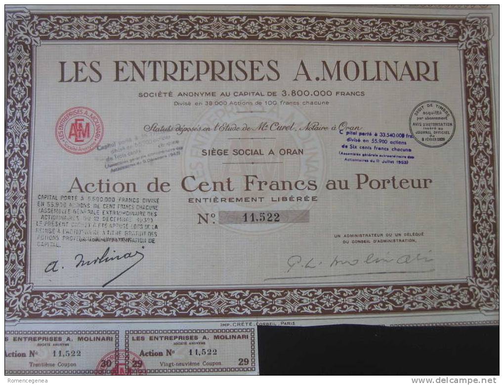 Action Les Entreprises MOLINARI - ORAN (Algérie) - Cent Francs Au Porteur - Présence De 2 Coupons - Afrique