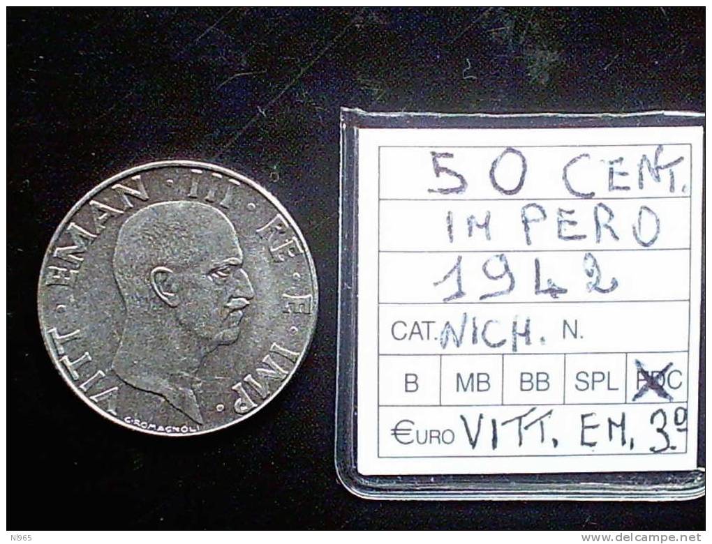 REGNO D´ ITALIA - VITTORIO EMANUELE III - 50 CENTESIMI  IMPERO ANNO 1942 XX MAGNETICO - 1900-1946 : Victor Emmanuel III & Umberto II