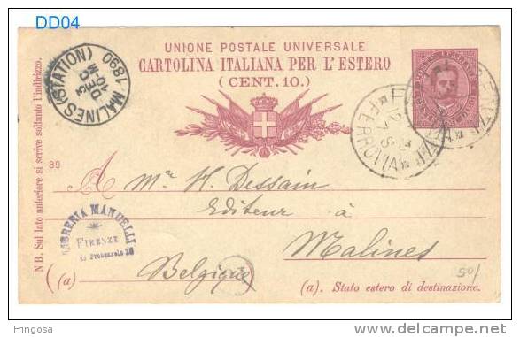 Cartolina Italiana Per L´estero 89: Used Firenze  To Malines 1890 - Caixa # 3 - Entiers Postaux