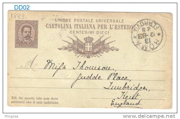 Michel P10: Cartolina Italiana Per L´estero : Used Roma  To England  1883 - Caixa # 3 - Stamped Stationery