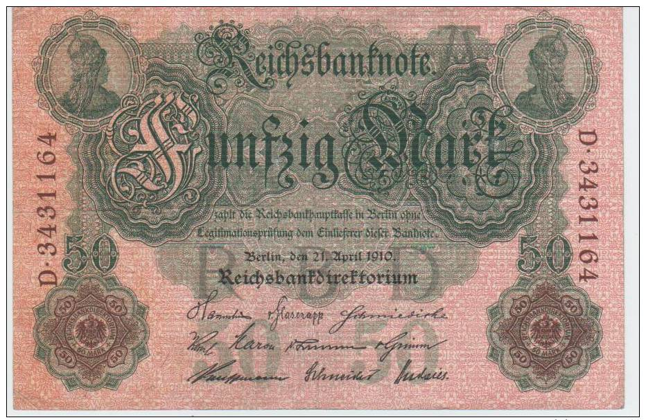 GERMANY , 50 MARKS , 1910 , F-VF - 50 Mark