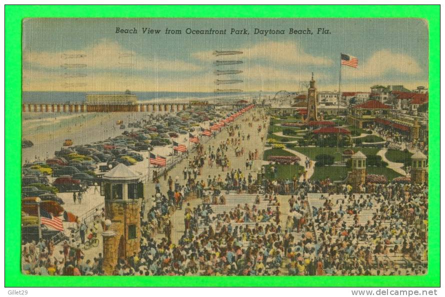 DAYTONA BEACH, FL - BEACH VIEW FROM OCEANFRONT PARK - ANIMATED OLD CARS - TRAVEL IN 1952 - MURREL POST CARD CO - - Daytona