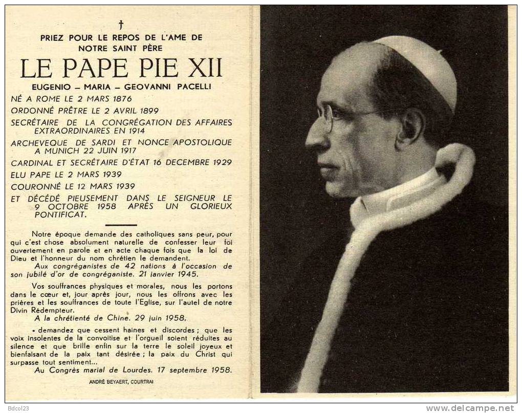 Image Mortuaire Du Pape Pie XII  (144) - Autres & Non Classés