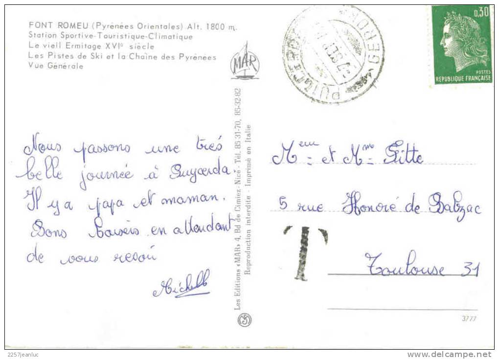 Taxe Sur Cpm Font  Romeu Expedition  D´andorre  Peuyerda Taxe France +timbre Non Oblitere - 1960-.... Used