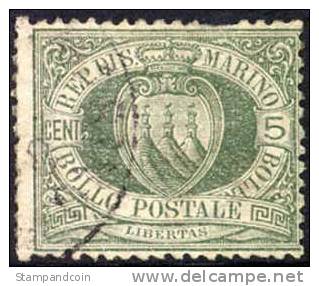 San Marino #5 Used 5c Olive Green From 1892 - Oblitérés