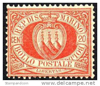 San Marino #11 Mint Hinged 20c Vermillion From 1877 - Unused Stamps