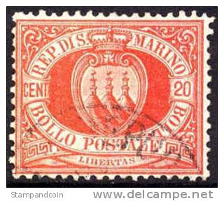 San Marino #11 Used 20c Vermillion From 1877 - Usados