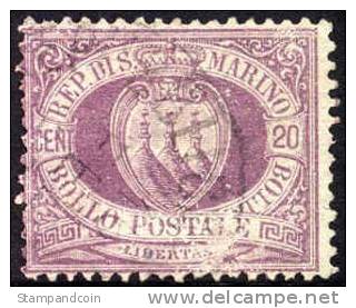 San Marino #12 Used 20c Lilac From 1894-95 - Usados