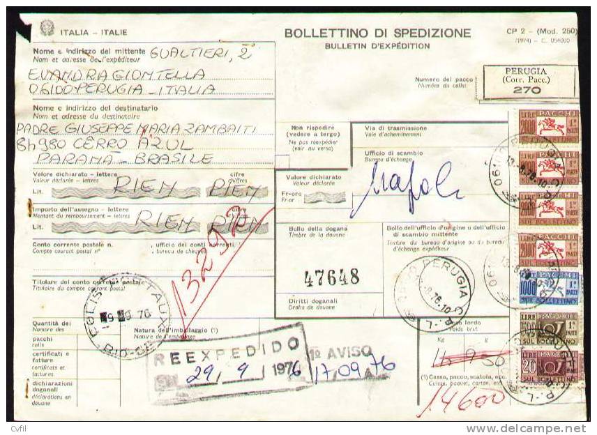 ITALIA 1976 - BOLLETTINO DI SPEDIZIONE - BULLETIN D'EXPÉDITION De PERUGIA (270) - Postal Parcels