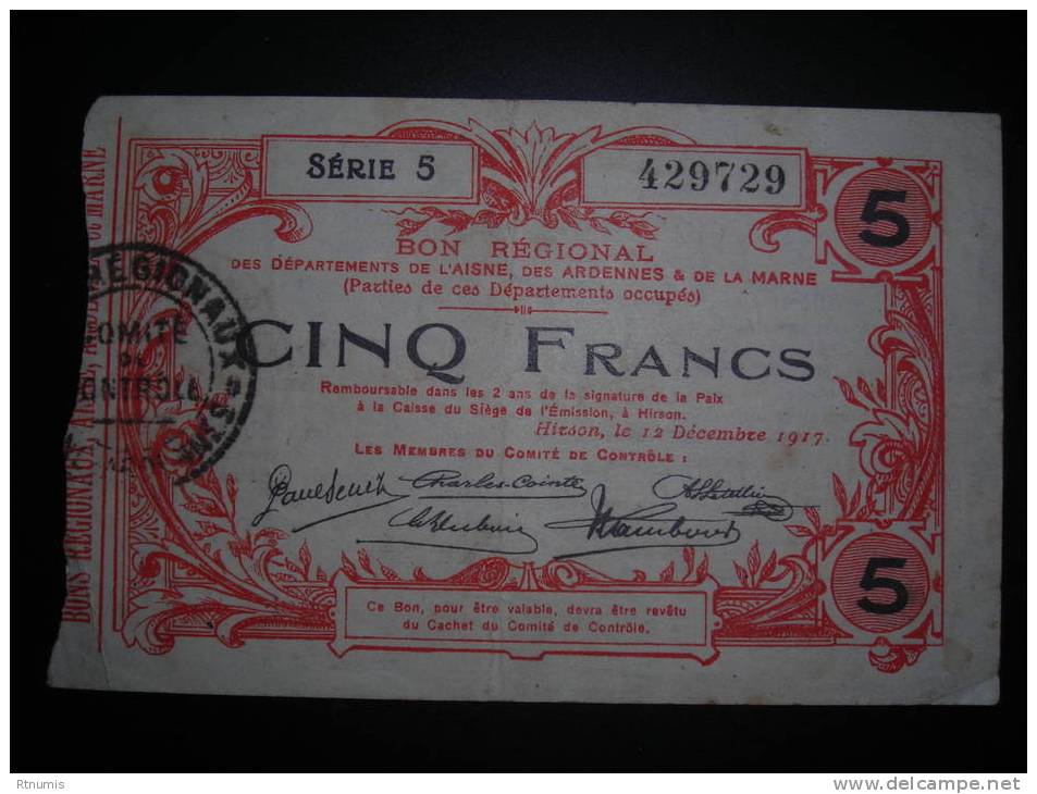 Aisne Ardennes Marne Hirson Bon Régional De 5 Francs 1917 Pirot 02-1205 - Bons & Nécessité