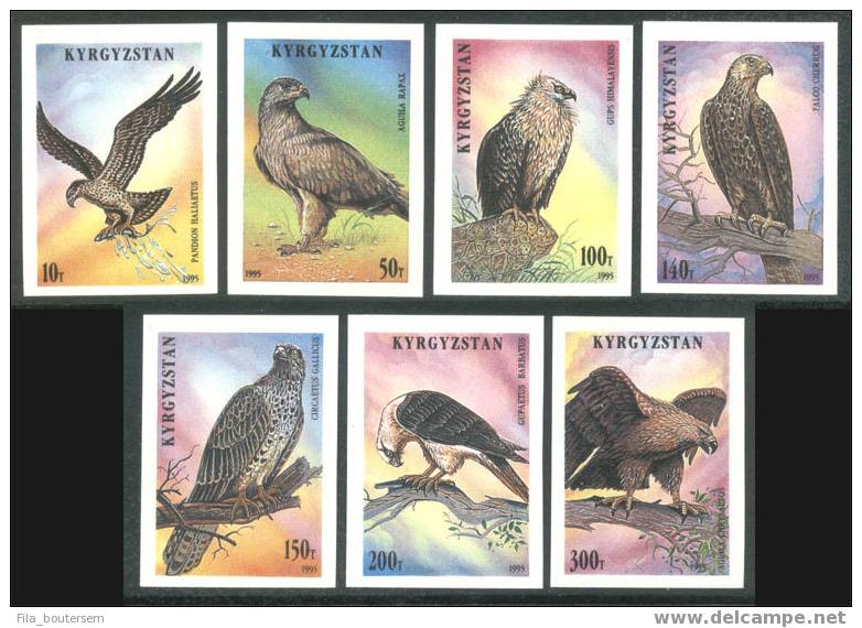 KYRGYZSTAN - KIRGHIZTAN : 12-09-95 (**) : IMPERFORATED Set 7v + Bloc : Birds Of Prey - Kyrgyzstan