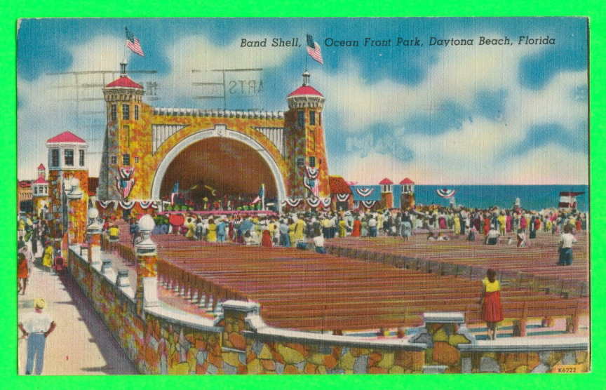 DAYTONA BEACH, FL. - BAND SHELL OCEAN FRONT PARK  -  ANIMATED  - PUB. BY SOUTHERN CARD & NOVELTY CO - TRAVEL IN 1957 - - Daytona