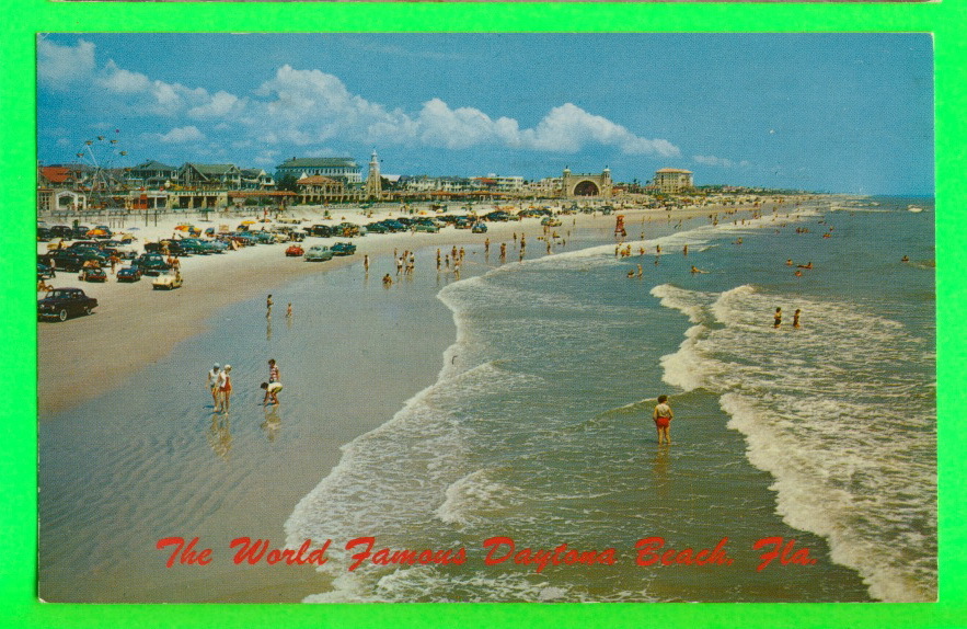 DAYTONA BEACH, FL. - ON THE BEACH  - ANIMATED VINTAGE CARS -  SOUTHERN CARD & NOVELTY - - Daytona