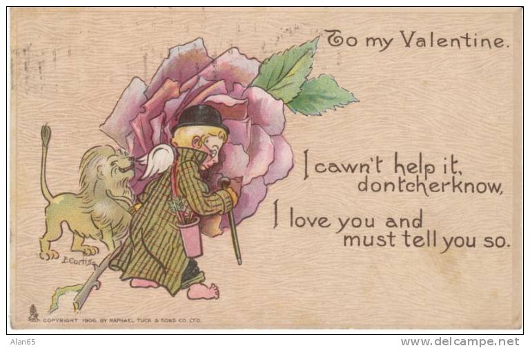 E. Curtis Artist Signed Valentine Holiday, Lion, On C1910s Vintage Tuck & Son Postcard - Valentinstag