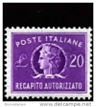 ITALY/ITALIA - 1952  RECAPITO AUTORIZZATO Lire 20 Fil. RUOTA III  POSIZIONE  SB  NUOVO GOMMA INTEGRA MINT NH - Errors And Curiosities