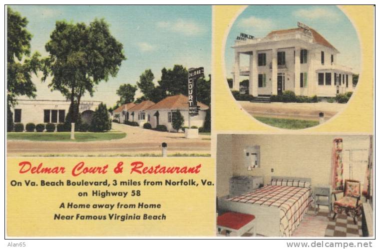 Norfolk VA, Delmar Court & Restaurant Motel Lodging, On C1930s/40s Vintage Linen Postcard - Norfolk