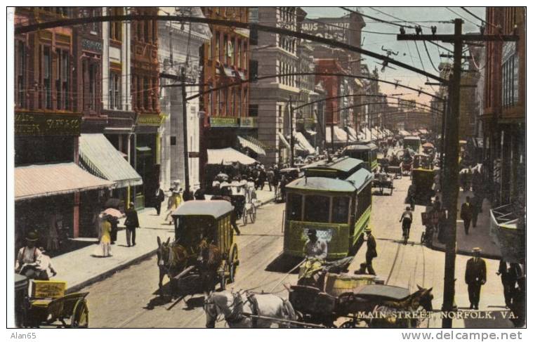 Norfolk VA Street Scene, Street Car, Horse-drawn Wagon, C1910s Vintage Postcard - Norfolk