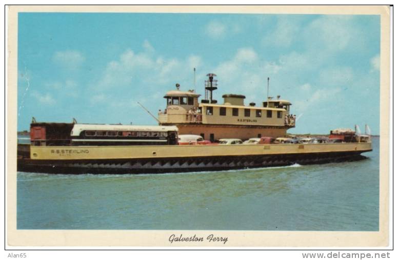 Galveston TX, Ferry Boat With 1950s Vintage Autos Bus On 1950s Vintage Postcard - Galveston