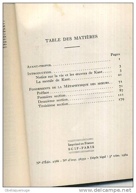 KANT FONDEMENT DE LA METAPHYSIQUE DES MOEURS  ED DELAGRAVE 1962    210 PAGES - Über 18