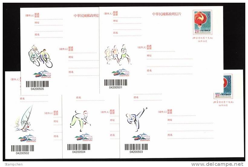 Taiwan 2005 Pre-stamp Postal Cards Road Running Cycling Windsurfing Baseball Taekwondo Cock - Taiwán