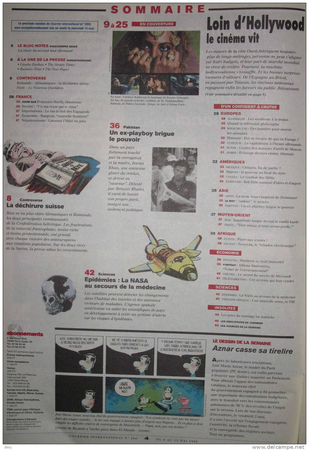 COURRIER INTERNATIONAL N°288 (9-15 Mai 96) "Loin D´Hollywood Le Cinéma Vit : Spécial Cannes" (16 Pages Spéciales) + ETC - General Issues
