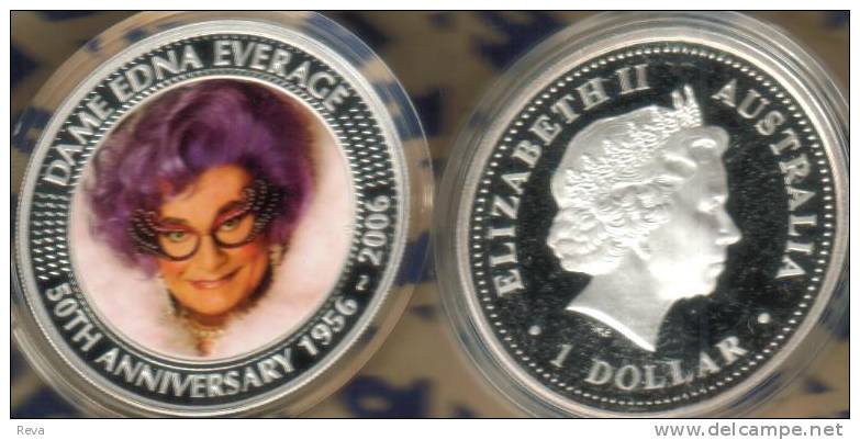 AUSTRALIA $1 COLOURED DAME EDNA WOMAN  FRONT QEII HEAD BACK 2006 PROOF 1Oz .999 SILVER READ DESCRIPTION CAREFULLY !!! - Mint Sets & Proof Sets