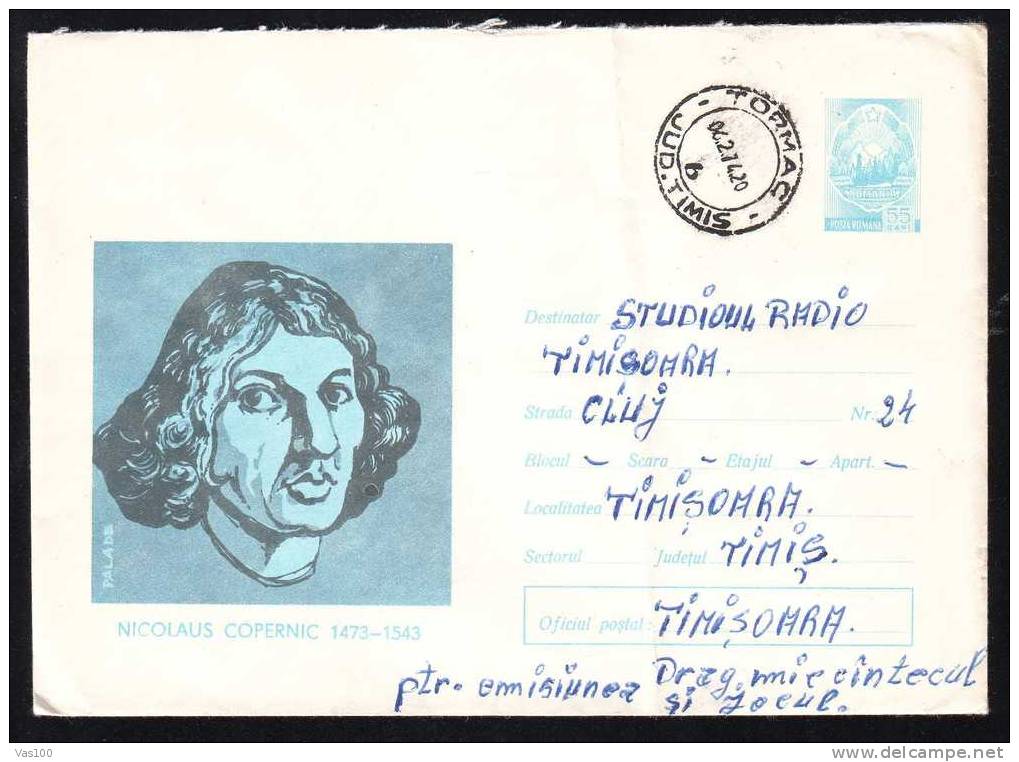 NICOLAUS COPERNIC - ASTRONOMER & MATHEMATICIAN 1973 Cover Stationery Sent To Mail, Romania. - Astronomie